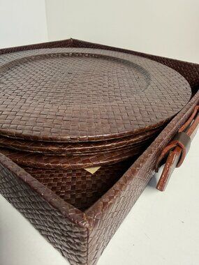 Brown Basket Weave Pattern Charger Plates & Matching Woven Storage Box/Tray